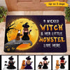 Wicked Witch And Little Monster Dog On Cliff Halloween Personalized Doormat