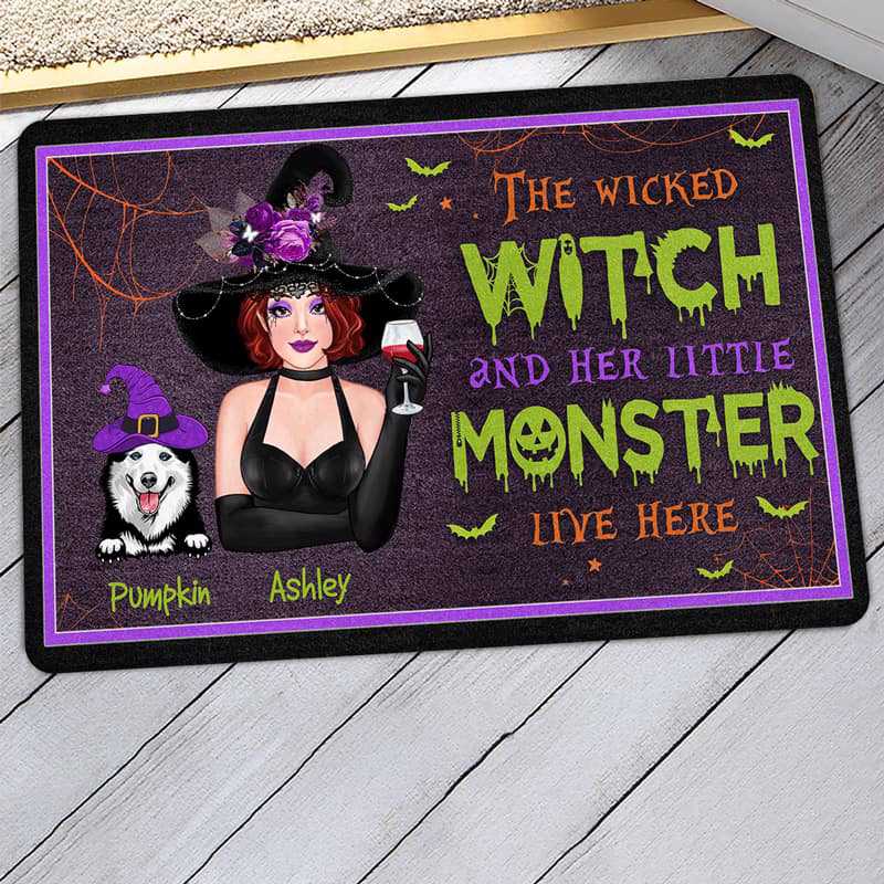 Pretty Witch And Dogs Live Here Halloween Personalized Doormat