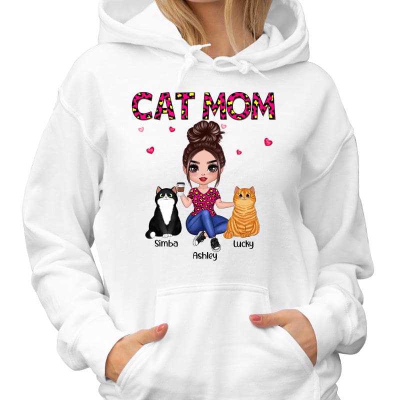 Cat Mom Doll Girl Sitting Leopard Personalized Hoodie Sweatshirt