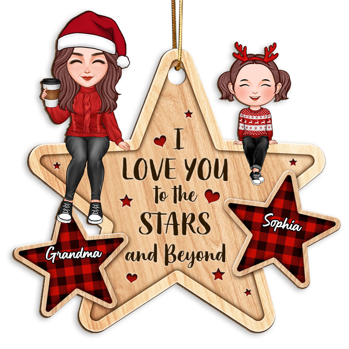 Love You To The Stars & Beyond Cute Grandma Grandkid Sitting Personalized Wooden Ornament