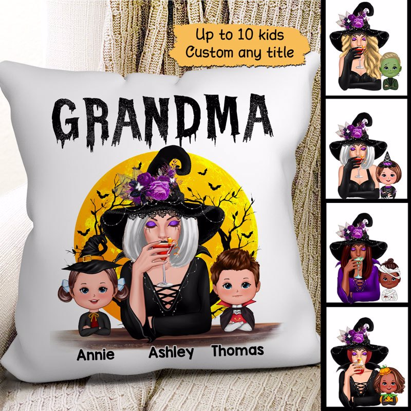 Halloween Moon Grandma Mom Witch With GrandKids Personalized Pillow (Insert Included)