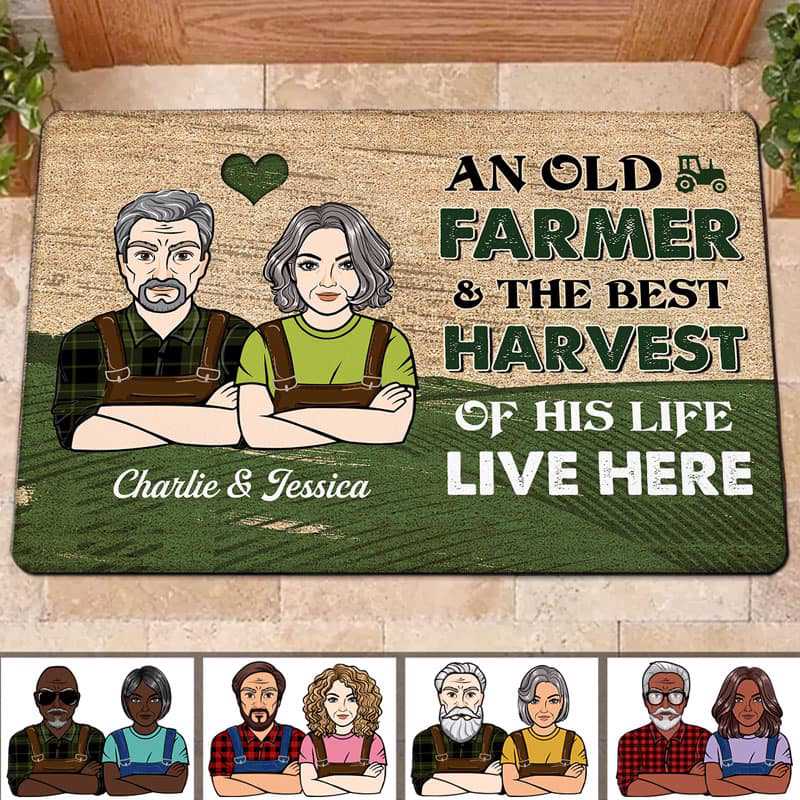 Old Farmer & His Harvest Live Here Personalized Doormat