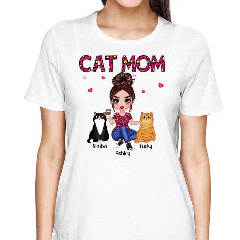 Cat Mom Doll Girl Sitting Leopard Personalized Shirt