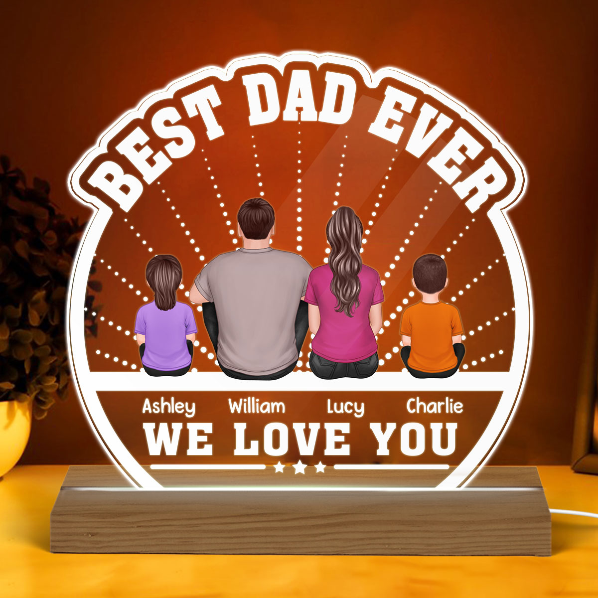 Best Dad Ever Back View Man Kids Dog Cat Personalized Custom Shaped Acrylic Plaque With LED Night Light