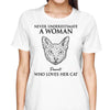 Never Underestimate Woman Loves Cats Cat Head Outline Personalized Shirt