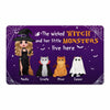 Halloween Doll Wicked Witch & Little Monsters Sitting Fluffy Cat Personalized Doormat