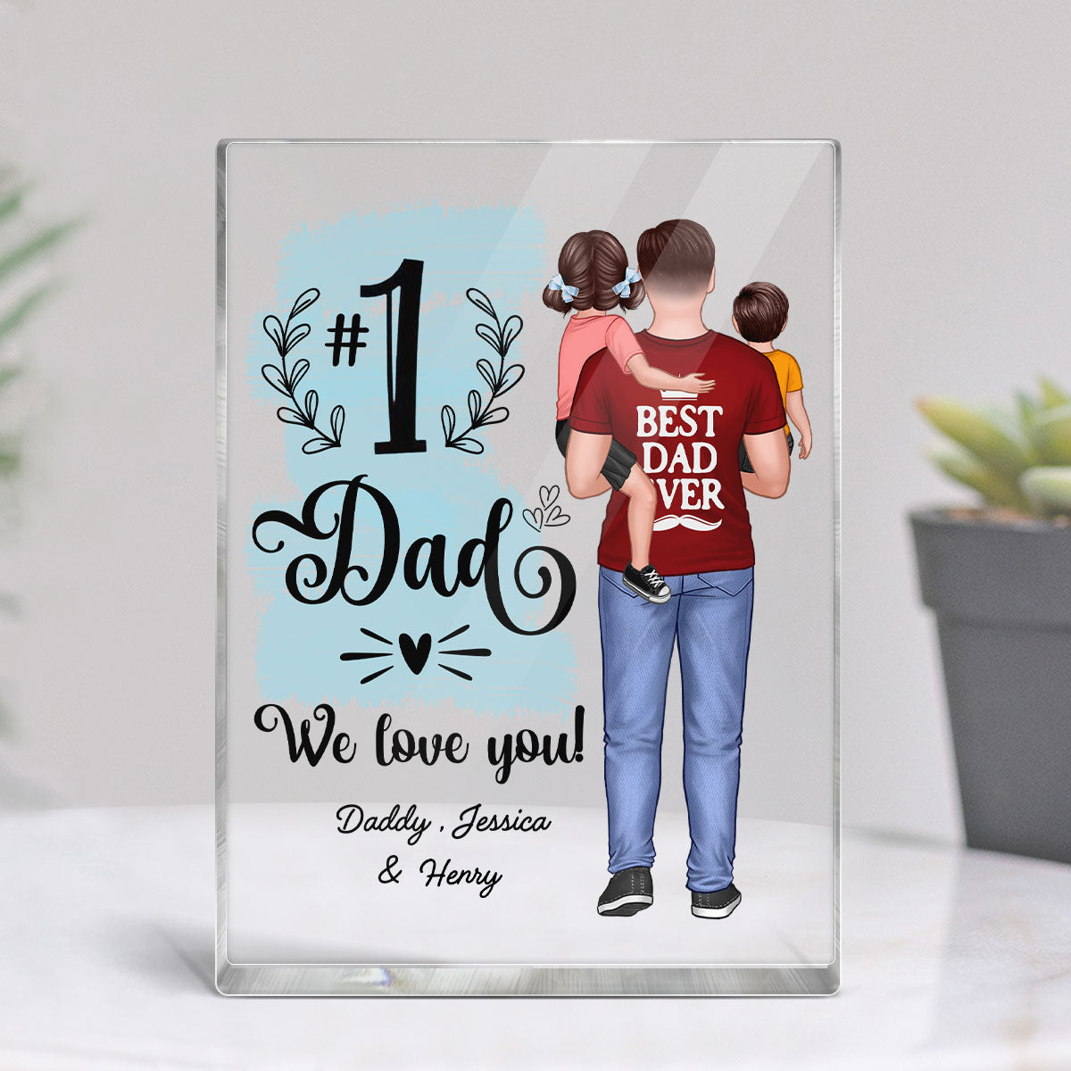 #1 Dad Grandpa Holding Kids Personalized Vertical Rectangel Acrylic Block Plaque
