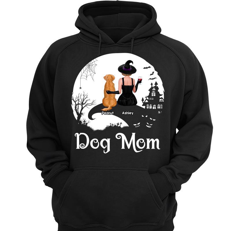 Halloween Moon And Cliff Woman And Dog Back View Crazy Dog Witch Personalized Shirt