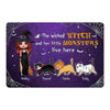 Halloween Wicked Doll Witch & Little Monsters Cute Walking Cat Personalized Doormat