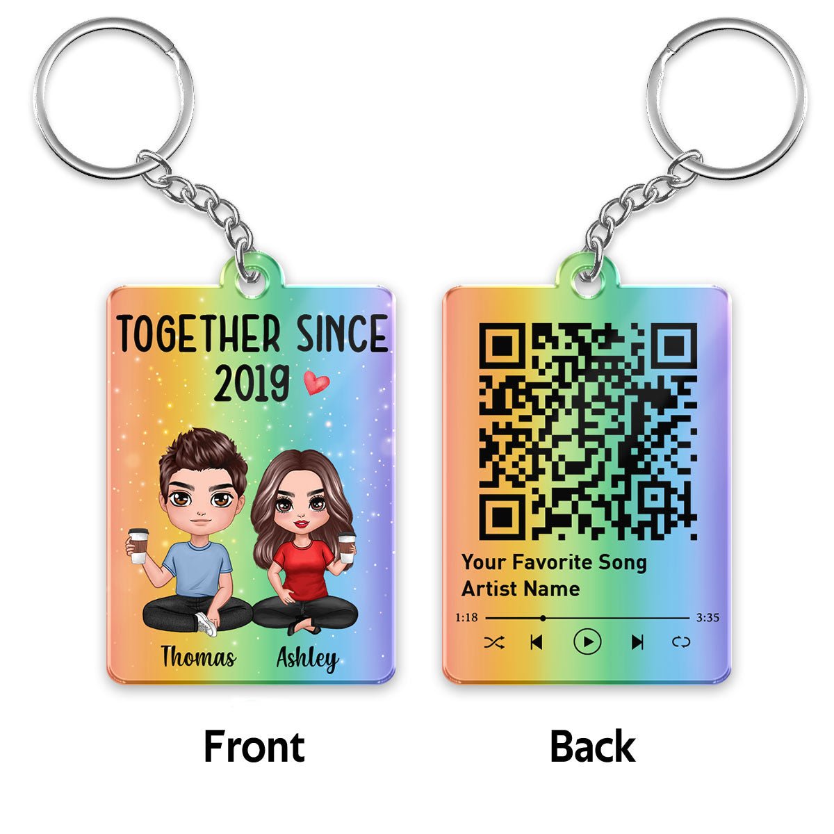 Doll Couple Sitting Rainbow Favorite Song QR Code Personalized Acrylic Keychain