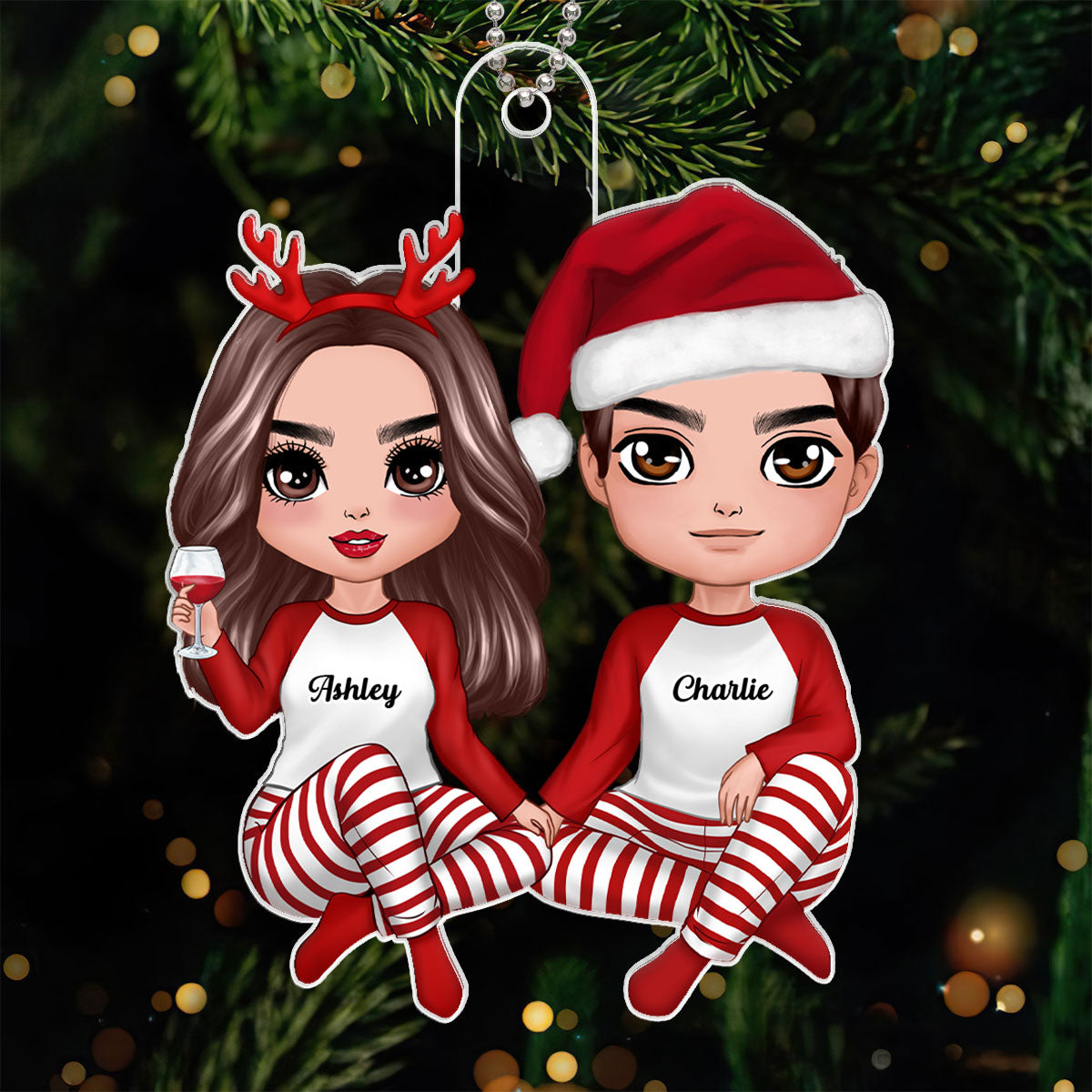 Pajamas Doll Couple Sitting Christmas Gift For Him For Her Personalized Acrylic Ornament