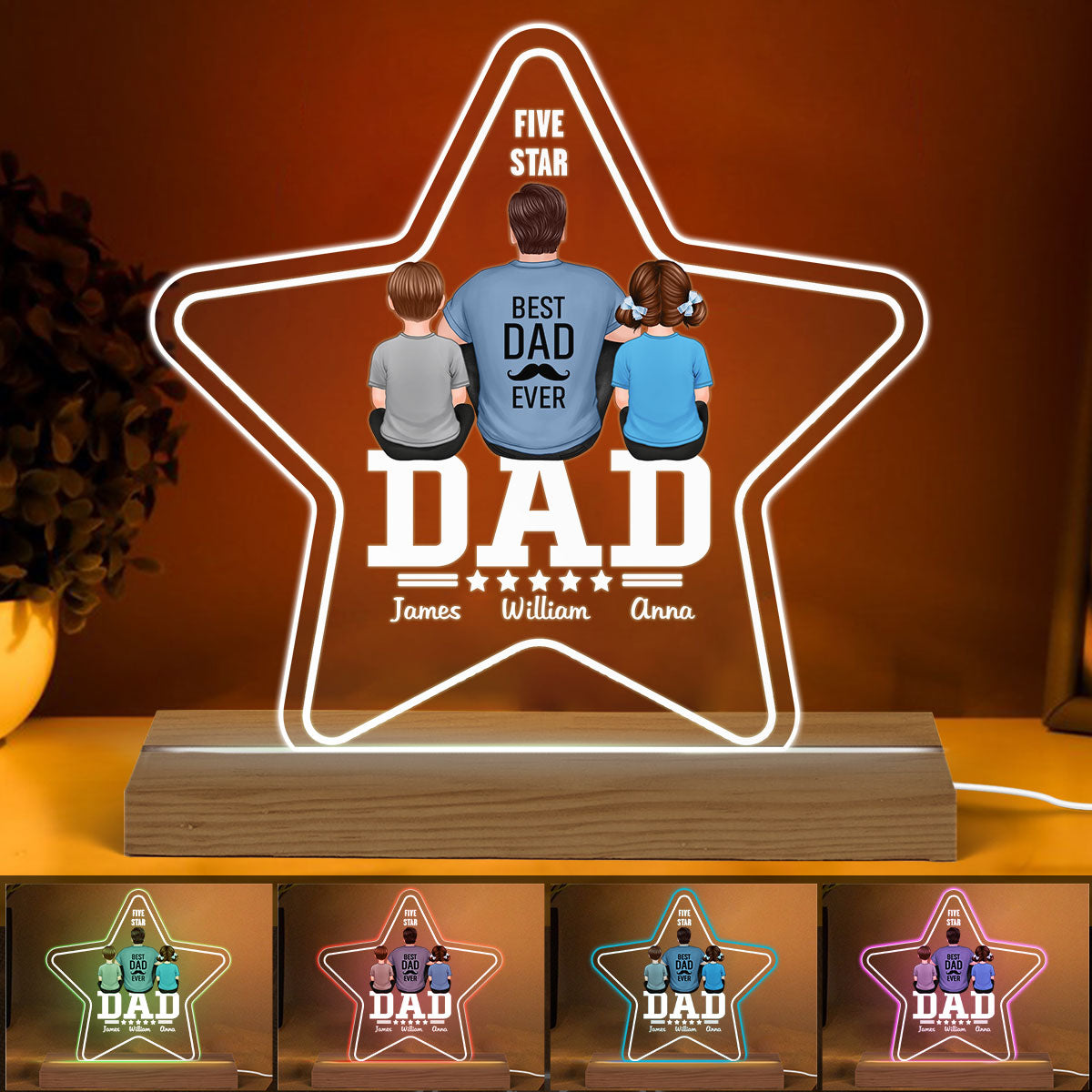 Five - Star Dad Back View Dad And Kids Personalized Acrylic Custom Shape LED Night Light