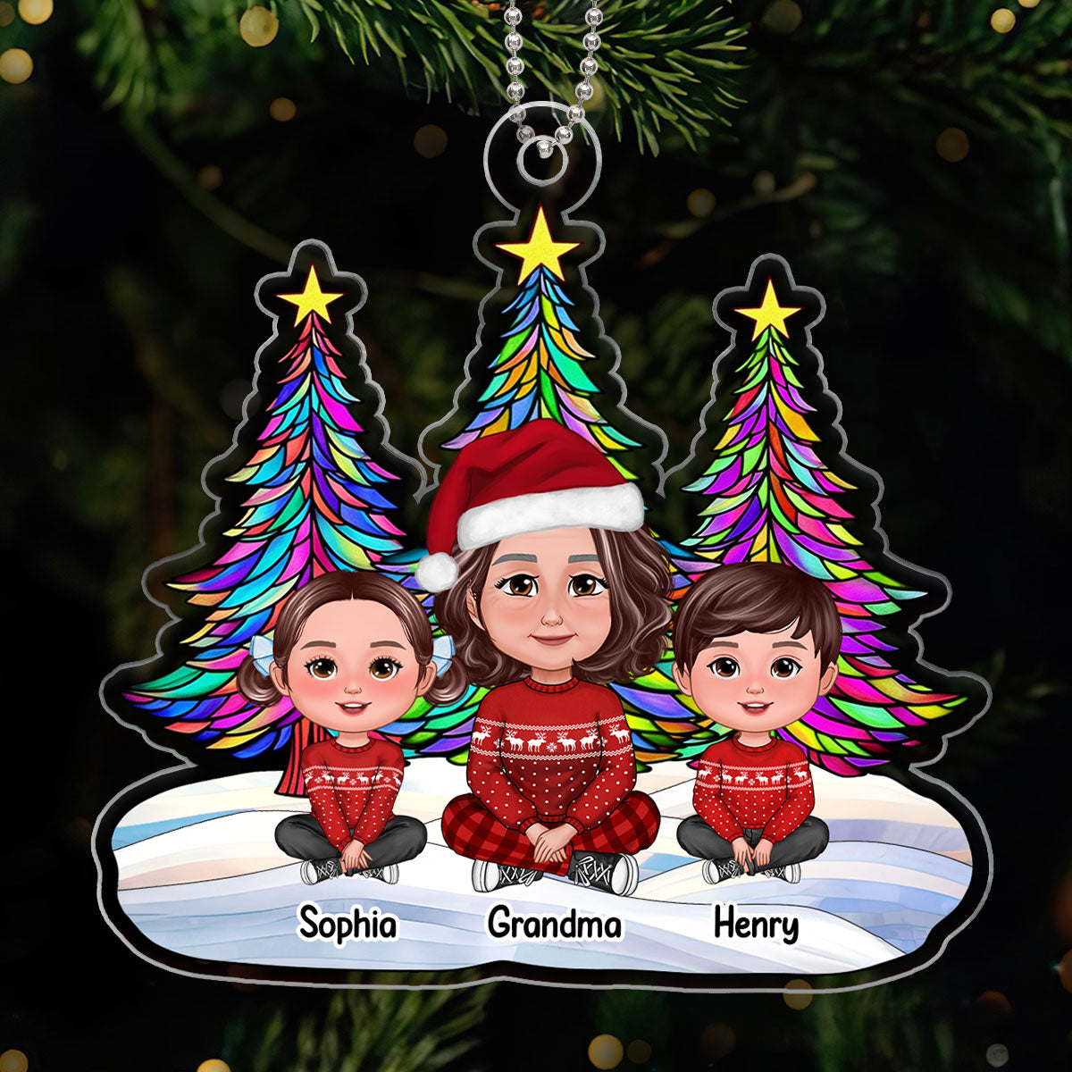 Grandma Grankids Crossed Legs Stained Glass Christmas Tree Personalized Acrylic Ornament