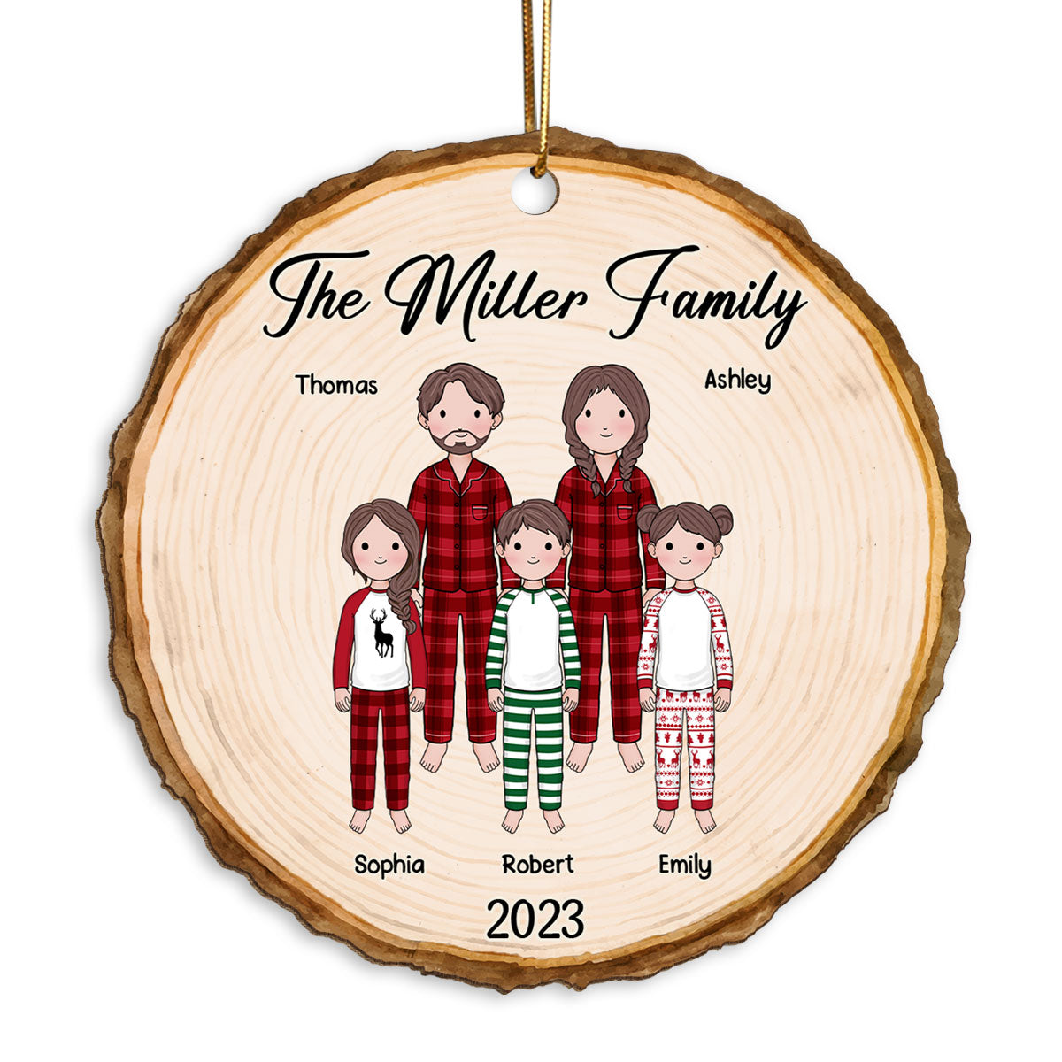 Simple Cartoon Whole Family Dad Mom Kid Dog Cat Wood Slice Christmas Personalized Wooden Ornament