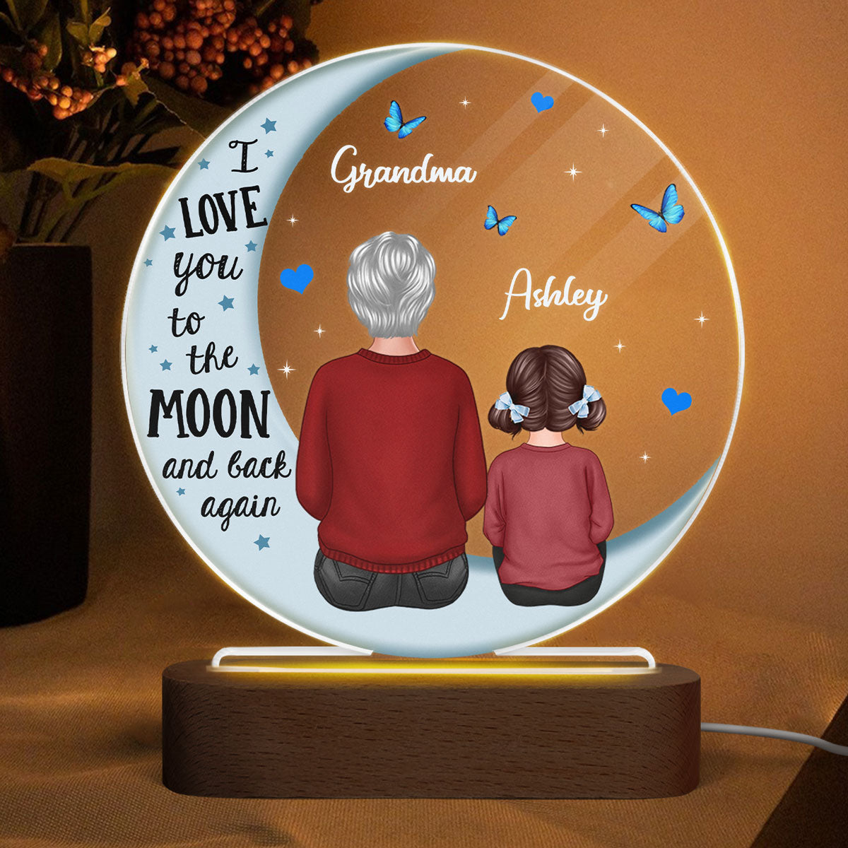Grandma Grandkids Blue Moon Personalized Circle Plaque LED Night Light - Acrylic LED Lamp - Gift For Grandma