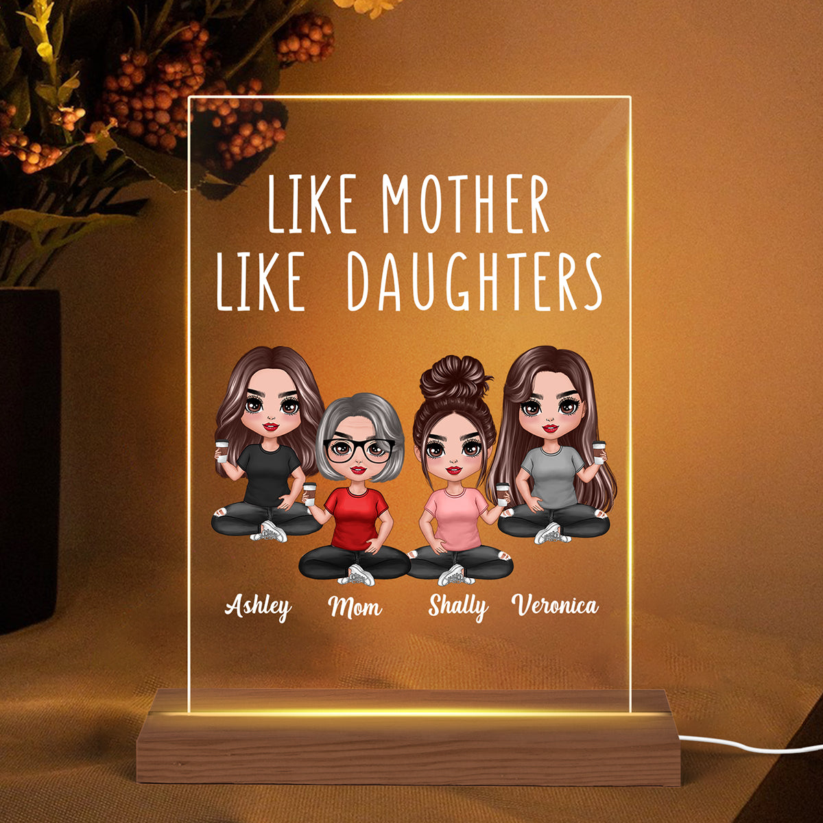 Like Mother Like Daughters Doll Mom And Daughters Sitting Christmas Gift Personalized Rectangle Acrylic Plaque LED Lamp Night Light
