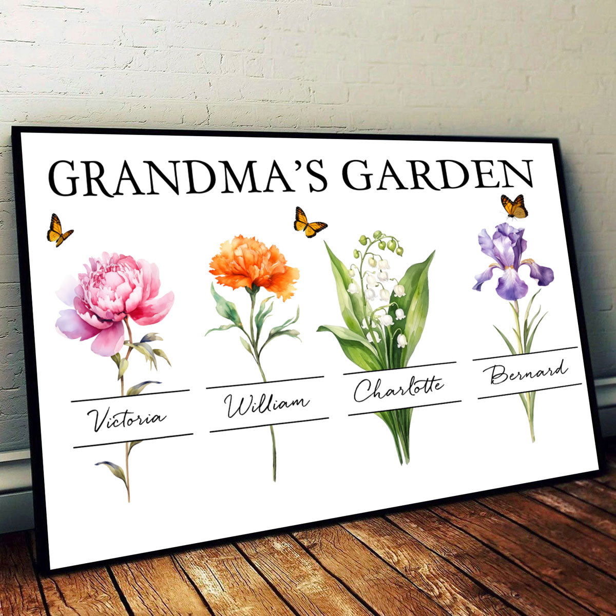 Gift For Grandma Grandma‘s Garden Beautiful Birth Month Flower With Names Personalized Horizontal Poster