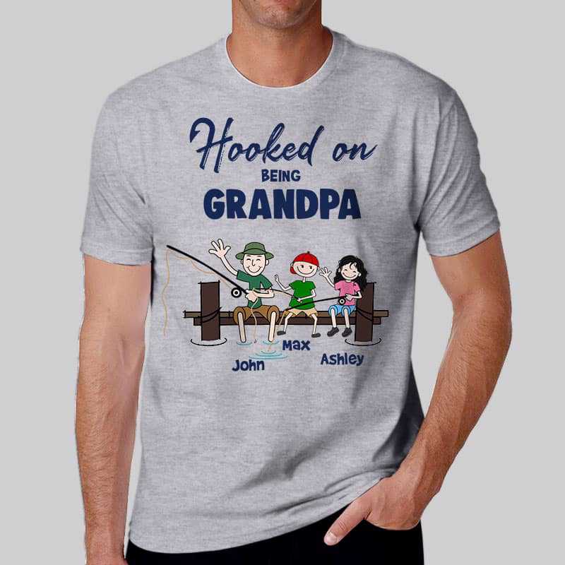 Hooked On Being Grandpa Stick Figure Personalized Shirt - TrendingCustom™️