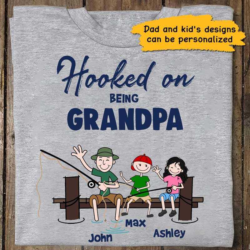 Hooked On Being Grandpa Stick Figure Personalized Shirt
