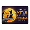 Wicked Witch And Little Monster Dog On Cliff Halloween Personalized Doormat