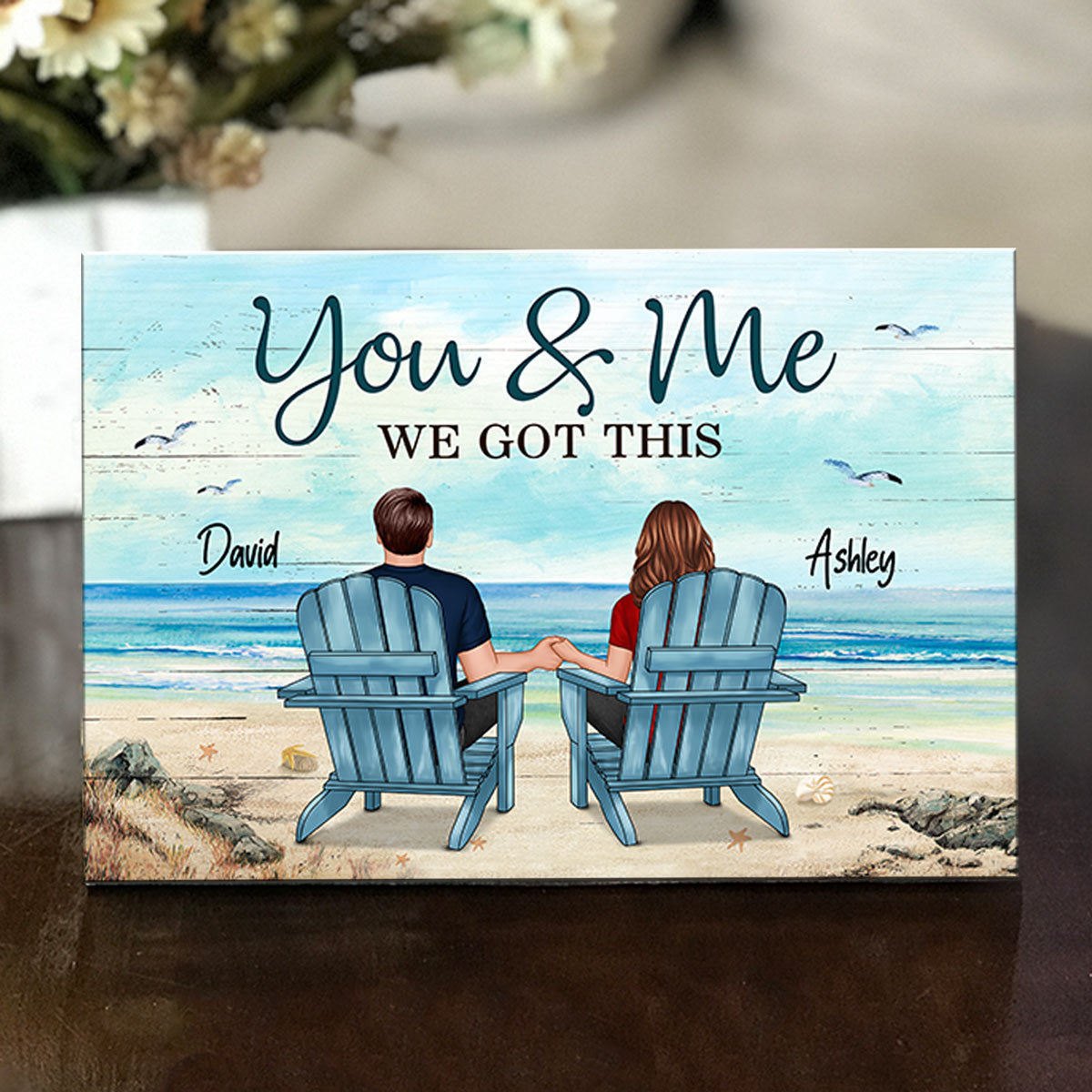 Back View Couple Sitting Beach Landscape Personalized Wood Prints