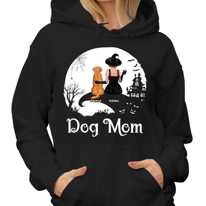 Halloween Moon And Cliff Woman And Dog Back View Crazy Dog Witch Personalized Shirt