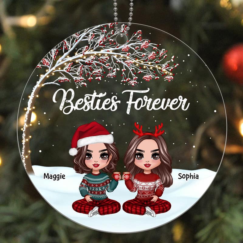 Doll Besties Under Tree In Snow Personalized Acrylic Ornament