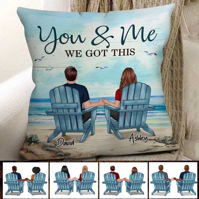 Back View Couple Sitting Beach Landscape