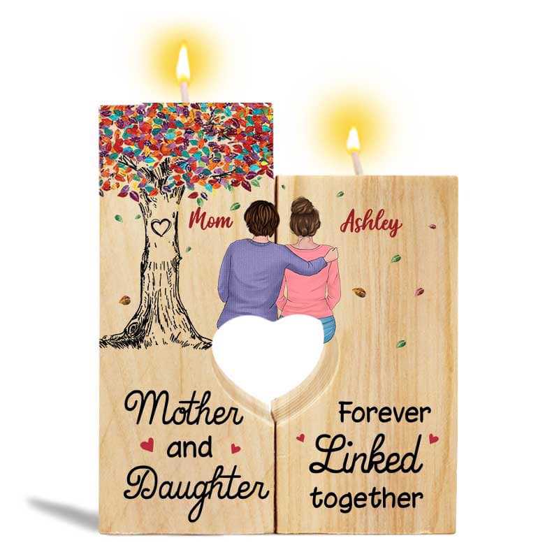 Mother And Daughter Colorful Tree Personalized Candle Holder With Heart