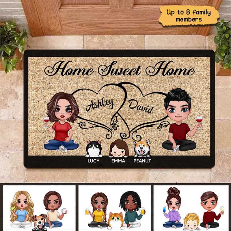 Family Doll Couple Dad Mom Kids Dogs Cats Sitting Home Sweet Home Personalized Doormat