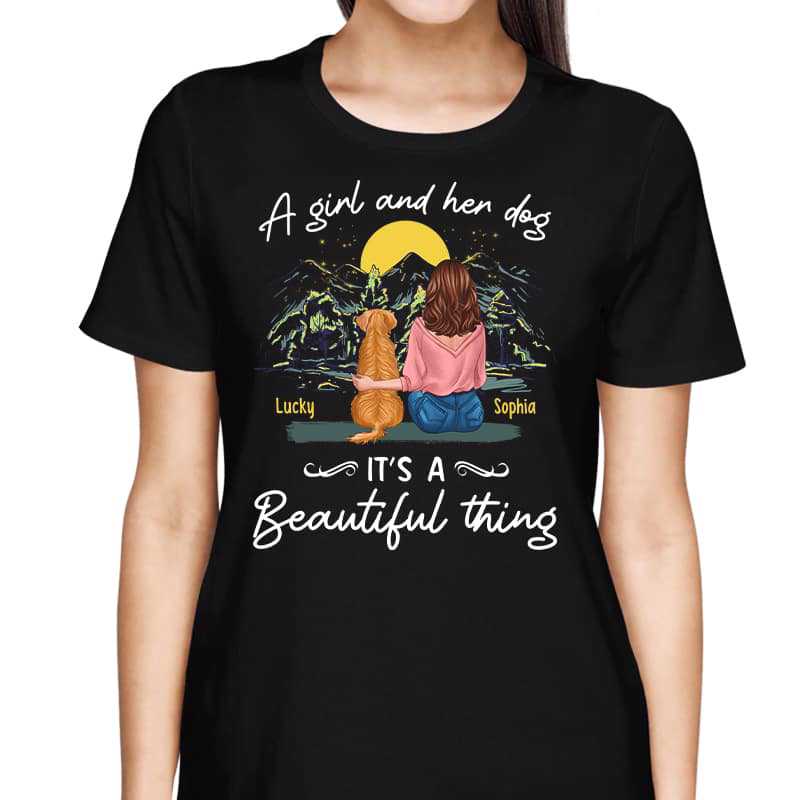 Girl & Dog Beautiful Thing Mountain At Night Personalized Shirt