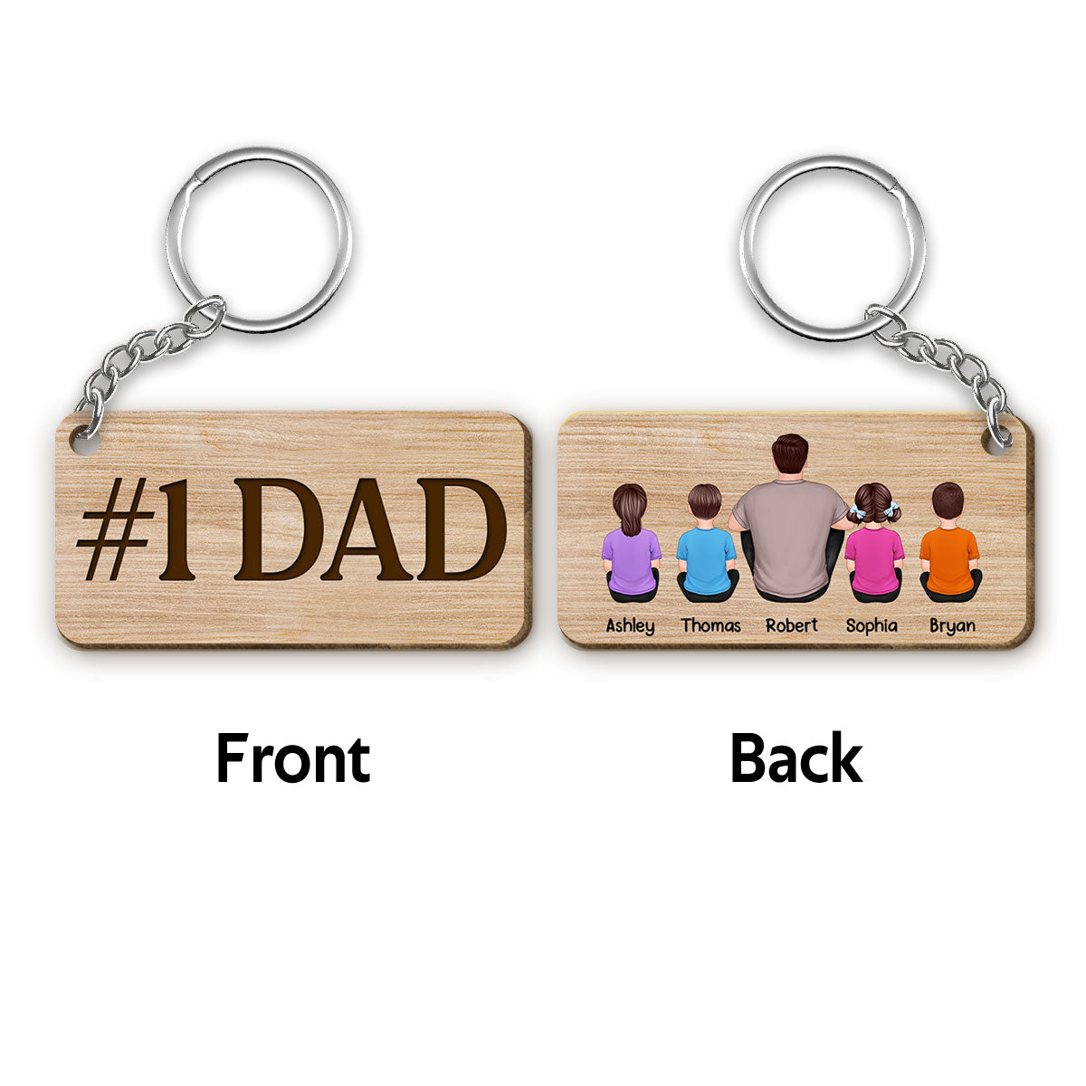 Best Dad Ever Back View Man Kids Dog Cat Personalized Wooden Keychain
