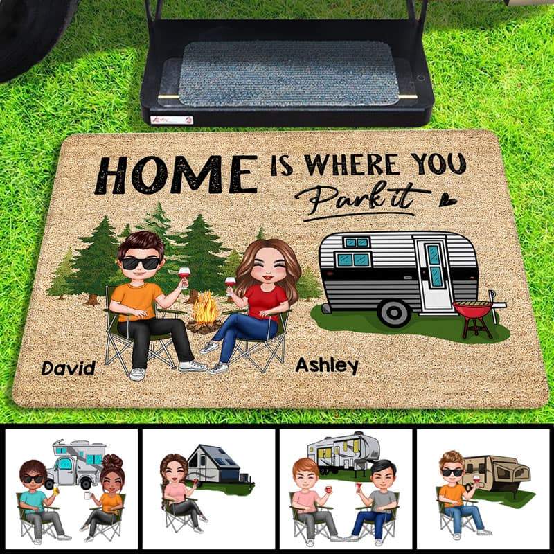 Doll Couple Camping Home Is Where We Park Personalized Doormat