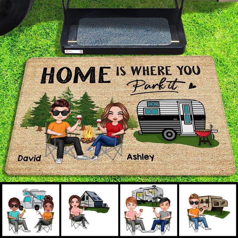 Doll Couple Camping Home Is Where We Park - Personalized Doormat