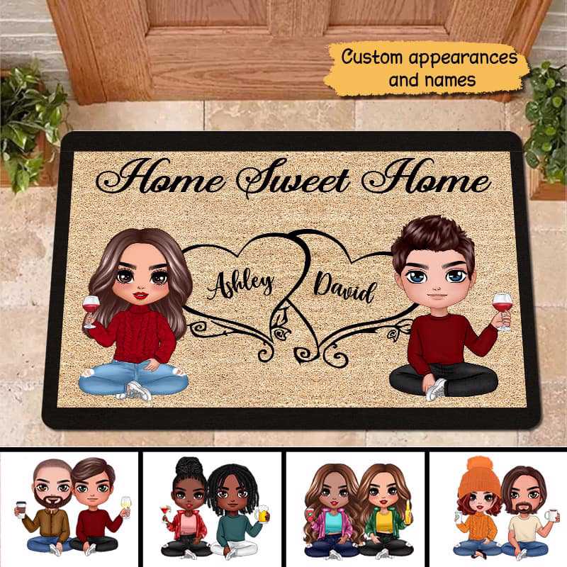 Doll Couple Sitting Home Sweet Home Gift Personalized Doormat