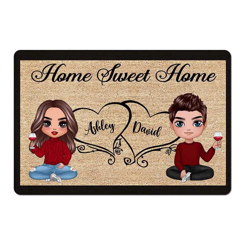 Doll Couple Sitting Home Sweet Home Gift Personalized Doormat