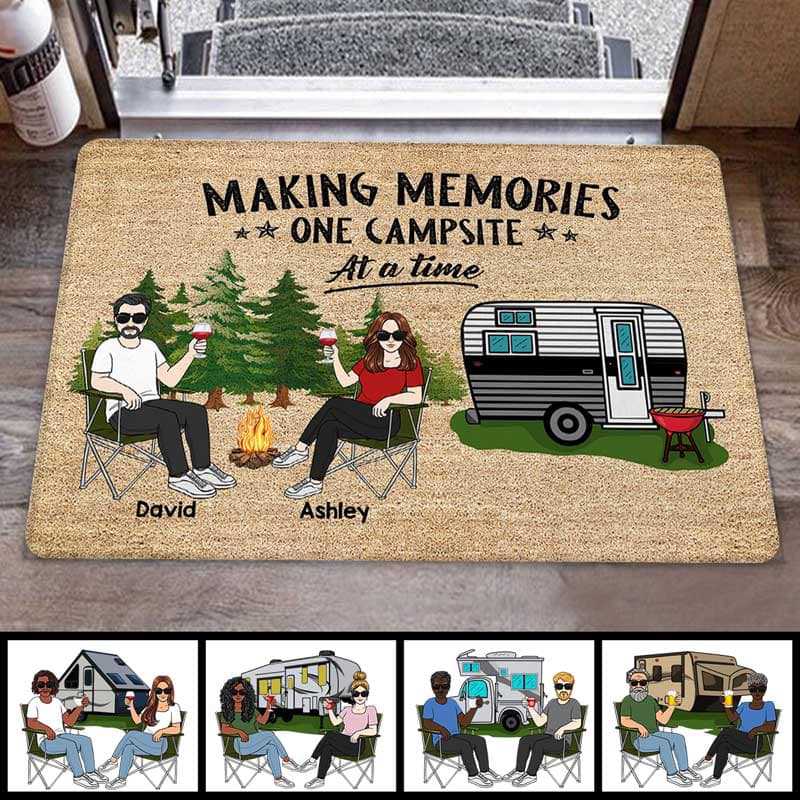 Front View Couple Sitting Camping Personalized Doormat TrendingCustom™️