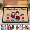 Home Sweet Home Doll Couple And Kids Sitting Personalized Doormat