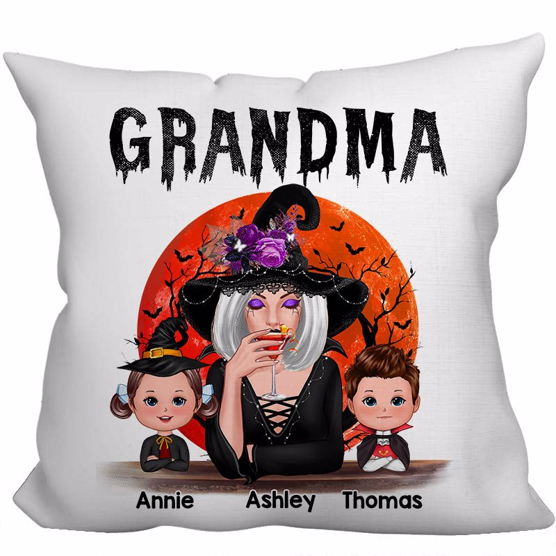Halloween Moon Grandma Mom Witch With GrandKids Personalized Pillow (Insert Included)
