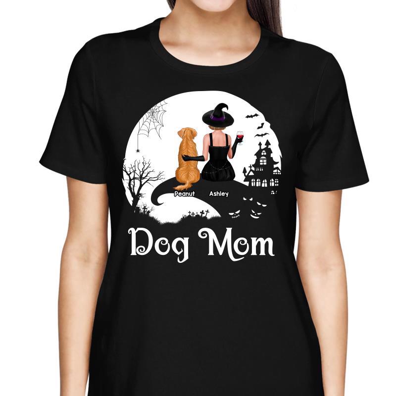 Halloween Moon And Cliff Woman And Dog Back View Crazy Dog Witch Personalized Shirt
