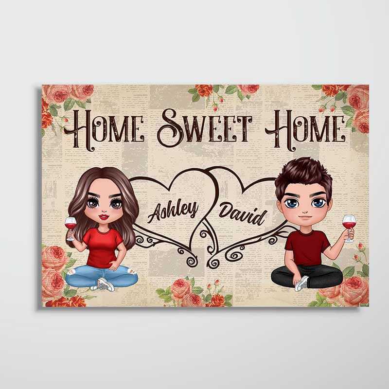 Roses Newspaper Pattern Doll Couple Sitting Home Sweet Home Personalized Horizontal Poster