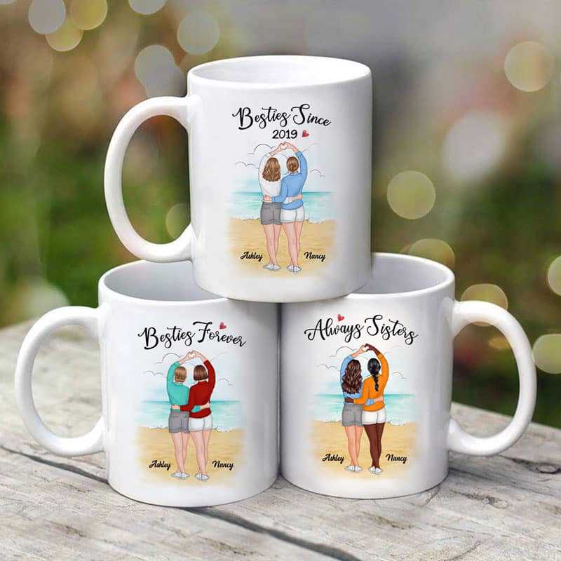 Besties Best Friends Heart Hands Standing On The Beach Personalized Mug