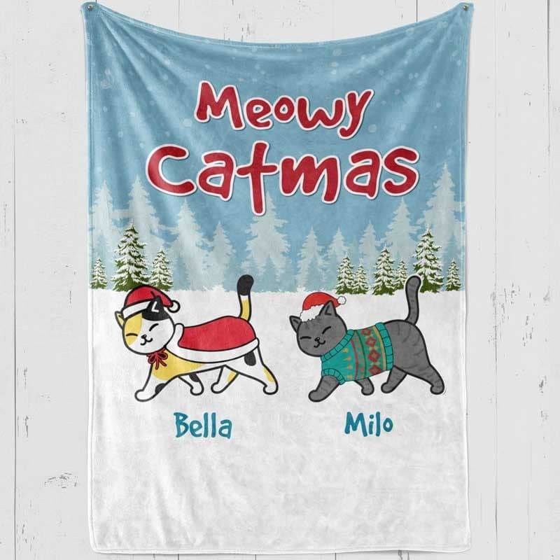 Christmas Cat Walking in The Snow Personalized Fleece Blanket