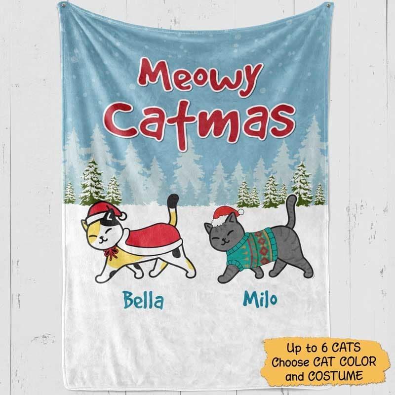 Christmas Cat Walking in The Snow Personalized Fleece Blanket