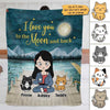 Love To The Moon Chibi Girl and Sitting Cat Personalized Fleece Blanket
