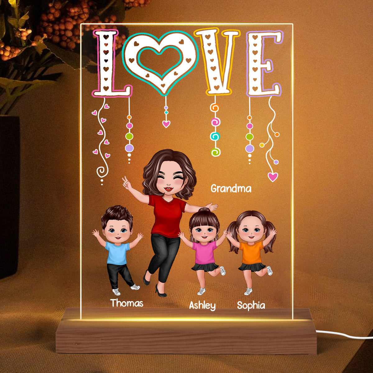 LOVE Happy Doll Grandma Mom With Kids Personalized Rectangle Acrylic Plaque LED Night Light