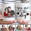 Front View Couple Embrace And Dogs You Me And The Dogs Personalized Mug