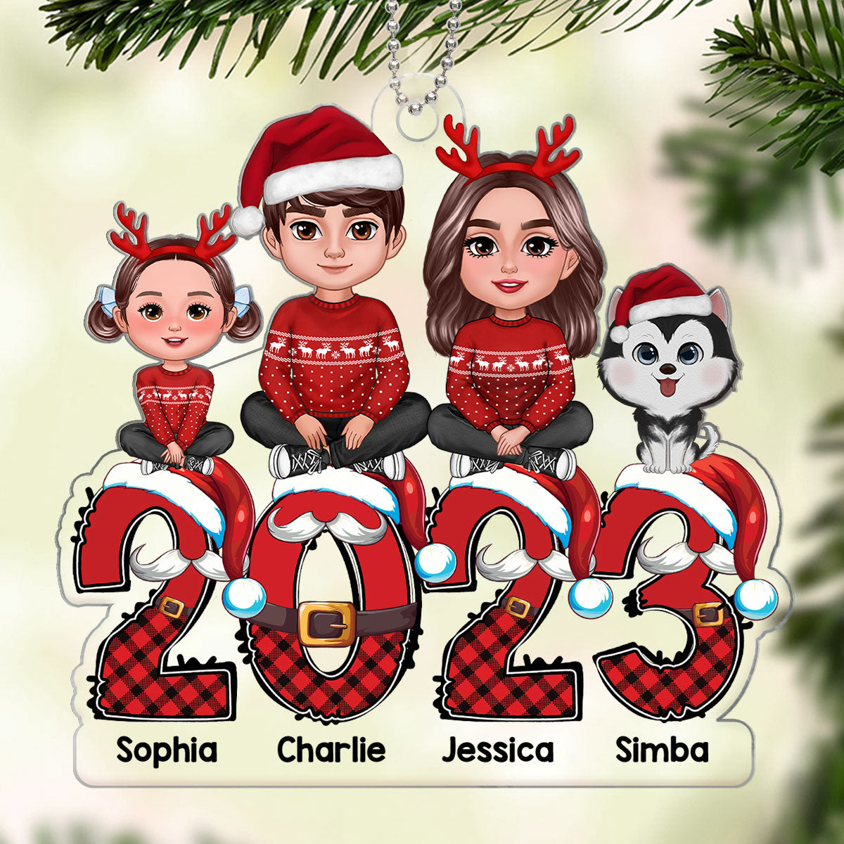 Family Sitting Crossed Legs On Santa Christmas 2023 Personalized Acrylic Ornament