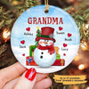 Grandma Snowman Grandkids Hearts Personalized Circle Ornament