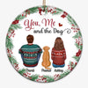 Holly Branch Couple Sitting With Dogs Christmas Gift Personalized Circle Ornament